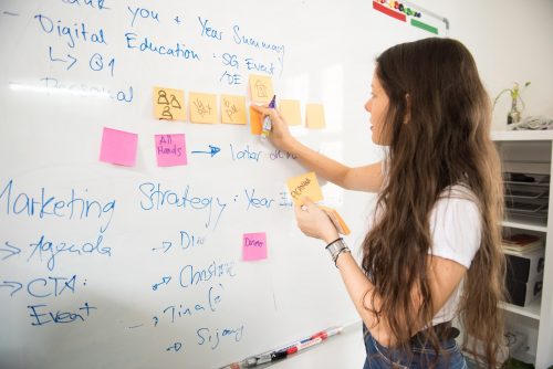 an-image-of-a-woman-sticking-post-it-notes-to-a-whiteboard-to-keep-track-of-ideas