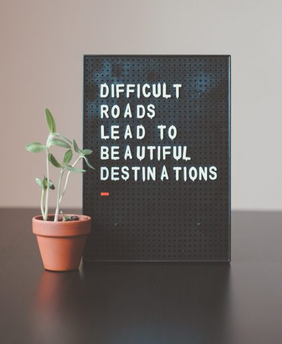 image-of-a-board-that-says-difficult-roads-lead-to-beautiful-destinations-and-a-small-growing-plant-in-a-pot-beside-it