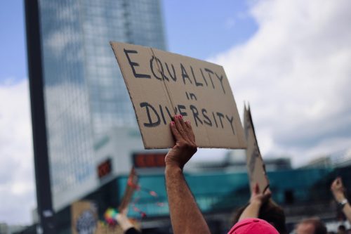 photo-of-a-persons-arm-holding-up-a-cardboard-sign-that-says-equality-in-diversity